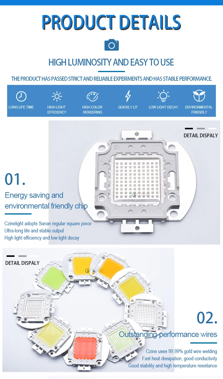 Czinelight Manufacturer Cob Led Chip 10w 20w 30w 50w 100w Watt 12v 30-34v High Power Led Chip Rgb White Red Blue Customi