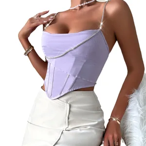 JENGS Spice Girl Sexy Y2K Style Breathable Crocheted Lace Fabric Low-cut Stitching Chain Small Vest Steel Ring Waist Bone