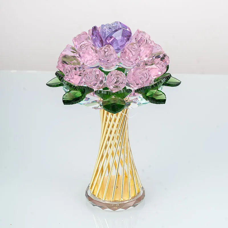 High Quality round Crystal Rose Flower with Carved Technique Metal Base Wedding Decorations Desk Centerpieces Valentine Gifts manufacture