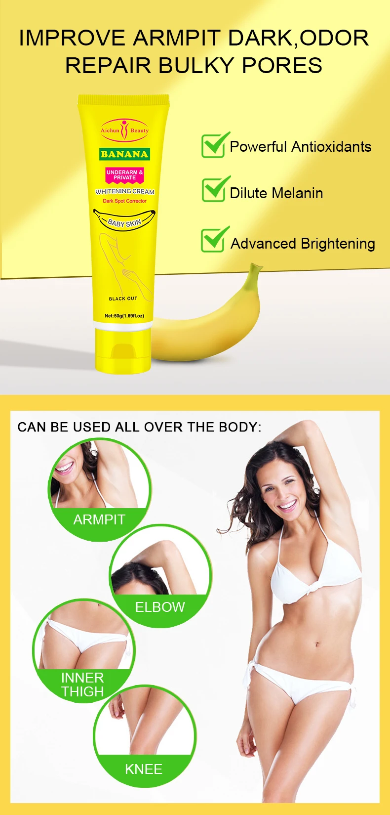 Aichun Underarm Whitening Cream Original Banana Whiten Removing Dark Spot Black Out Private Underarm Whitening Cream for Women
