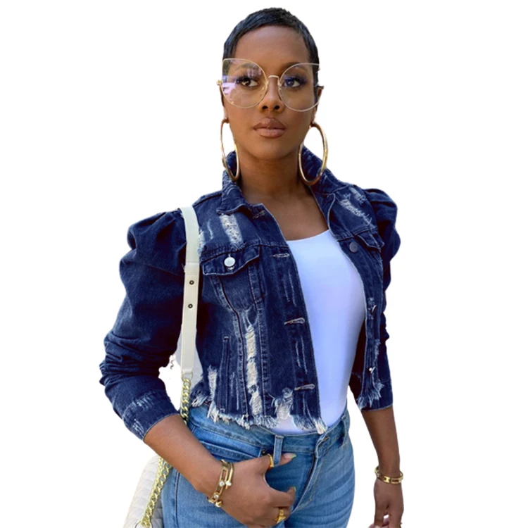 New Drop Shipping Short Fashion Fall Clothing Hollow Out Short Jeans Jacket Coats Women's Puffed Sleeves Denim Jacket