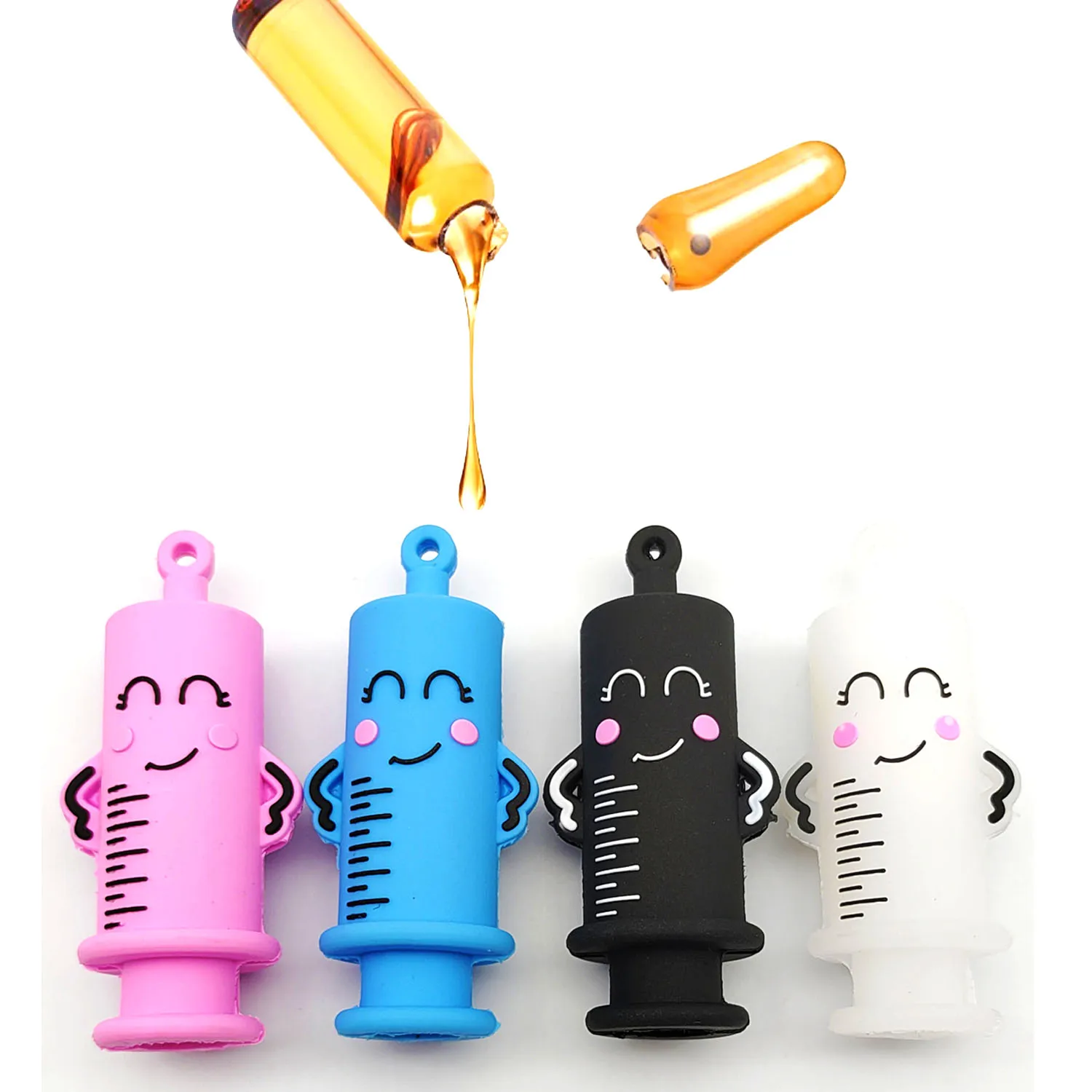 Mini Syringe Shape Rubber Ampoule Breaker with Ball Bead Chain Silicone Ampoule Opener Keychain Vinyl Medical Vial Opener