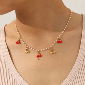 MW 18K Gold Plated Stainless Steel Tarnish Free Hypoallergenic Acrylic Pearl Oil Drop Cherry Stainless Steel Pendant Necklace