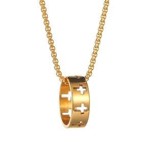 YUKAM Jewelry Stainless Steel Popcorn Chain Waterproof Cross Necklaces Hip Hop Religious Ring Pendant Necklace for Christian