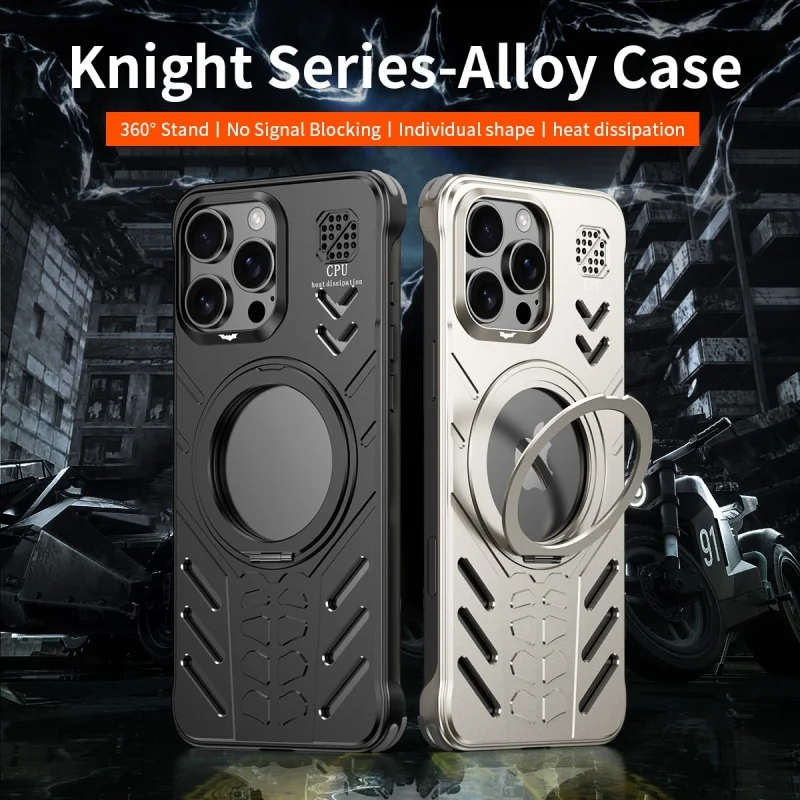 Aluminum Metal Hollow Magnetic Phone Case for iPhone 15 16 Pro Max Shockproof Armor Bumper With 360 Rotating Hidden Kickstand