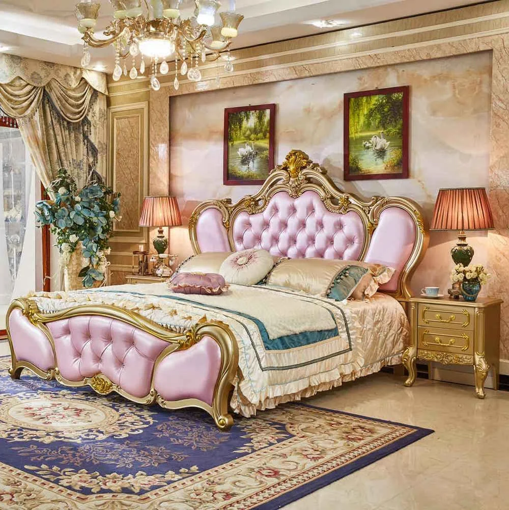 Set di camere da letto in stile europeo con struttura del letto bianco  avorio in pelle reale francese di lusso intagliato