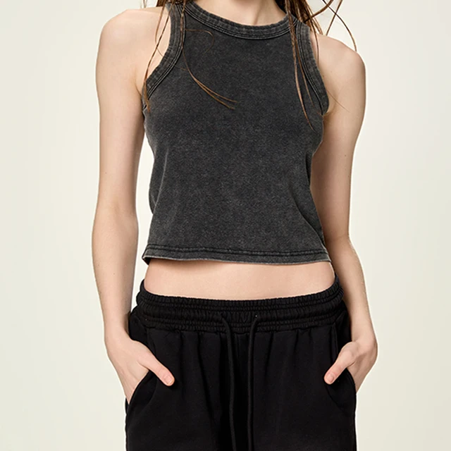 Women's Vintage Streetwear Sleeveless Top Breathable Snow Wash Vest 93.2% Cotton 6.8% Spandex Knitted Fabric