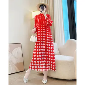 Wholesale Pleated Polka Dot Maxi Dress Elegant Long Sleeve Red Casual Pleated Dress for Women