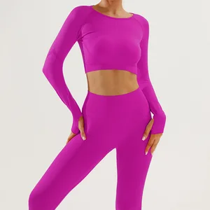 Seamless Yoga Suit Women's Long Sleeved Long Pants Thumbholes Crop Top Two-piece Set Slim Fit Fitness Pants Set