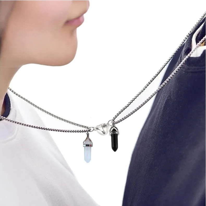 2Pcs Crystal Mutual Attraction Couple Matching Hexagonal Pendant Necklace Love Heart Natural Stone Chakra Neck