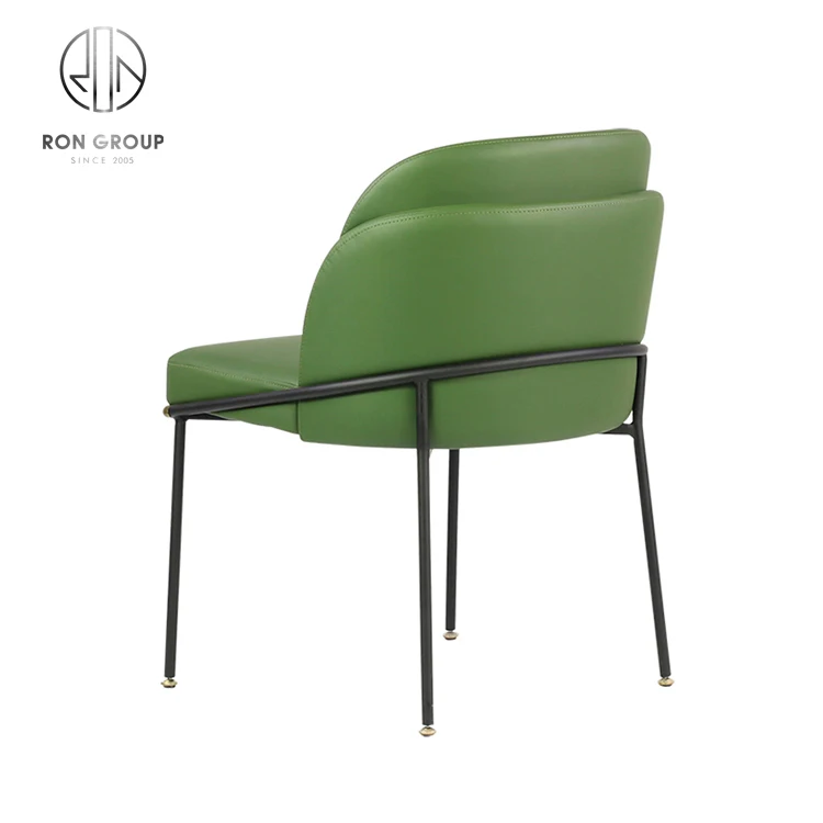 Classical Black Metal Frame Real Leather Dining Chair for Restaurant Kitchen With Green Armrest