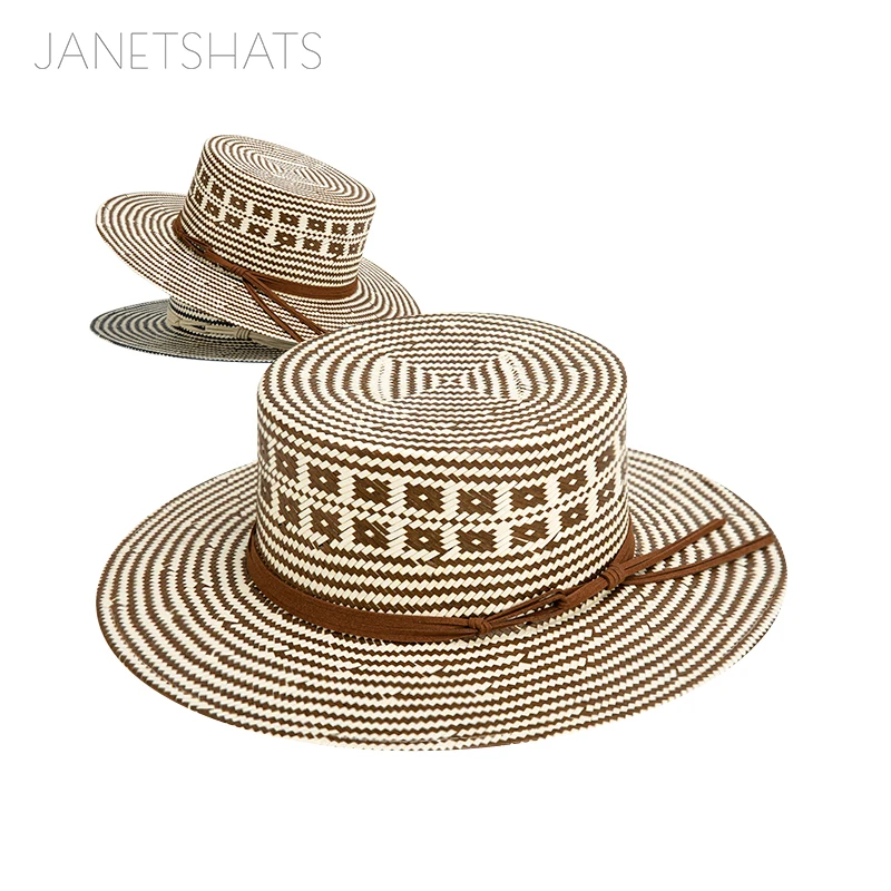 Custom Geometric Colombian Pattern Boater Wide Brim Hat Handmade Chapeau Femme Breathable Paja Jazz Hat for Travel and Fishing