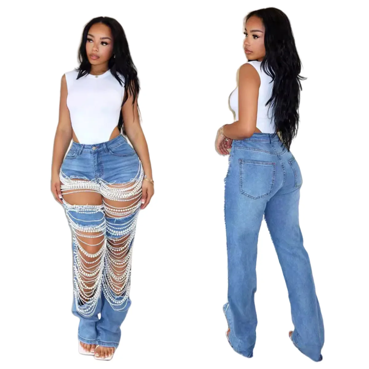 Hollow Out Pearl Patchwork Unique Design Cotton Custom Washed Stretched Ripped Pants Ladies Casual Denim Jeans Trouser for Women