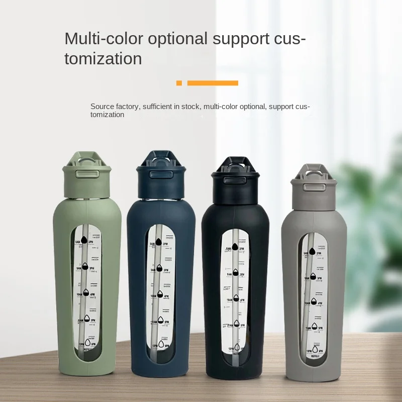 24oz Unique Design Motivational Fitness Bpa FreeTimer Glass Sport Water  Bottle with Straw and Protective Silicone Sleeve