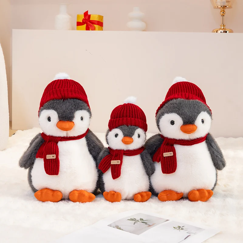 Customsized Plush Stuffed Penguin with Knitted Red Hat and Scarf for  Christmas Gift