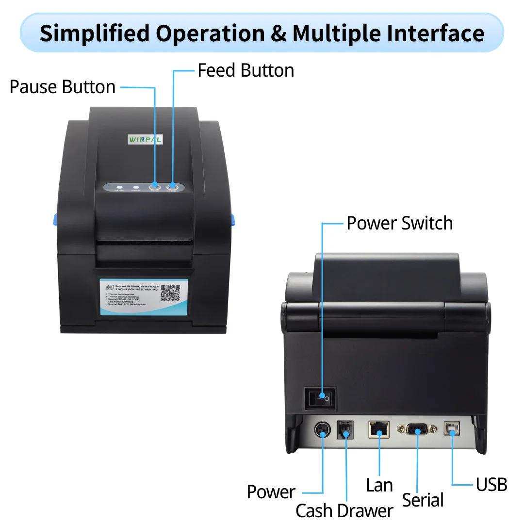 Winpal WPL80 2 in 1 Label and Receipt Printer Auto Cutter Android Apk Download POS Thermal Printer 80mm With Power Adapter