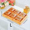6-compartment amber PET striped dish with gold wooden base