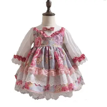 0123 Infant baby dresses spanish girls dress flower floral pink vintage kids clothing children long sleeve fall Lolita dresses