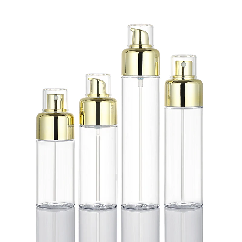 Source 100ml 120ml 150ml 200ml Plastic PET round travel empty perfume  skincare custom logo spray pump lotion golden bottles on m.