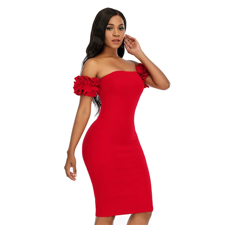 Hot Selling Fashion China Knee-Length Latest Red Sexhy Bodycon Cotton  Strapless Women Midi Puff Sleeve Dresses
