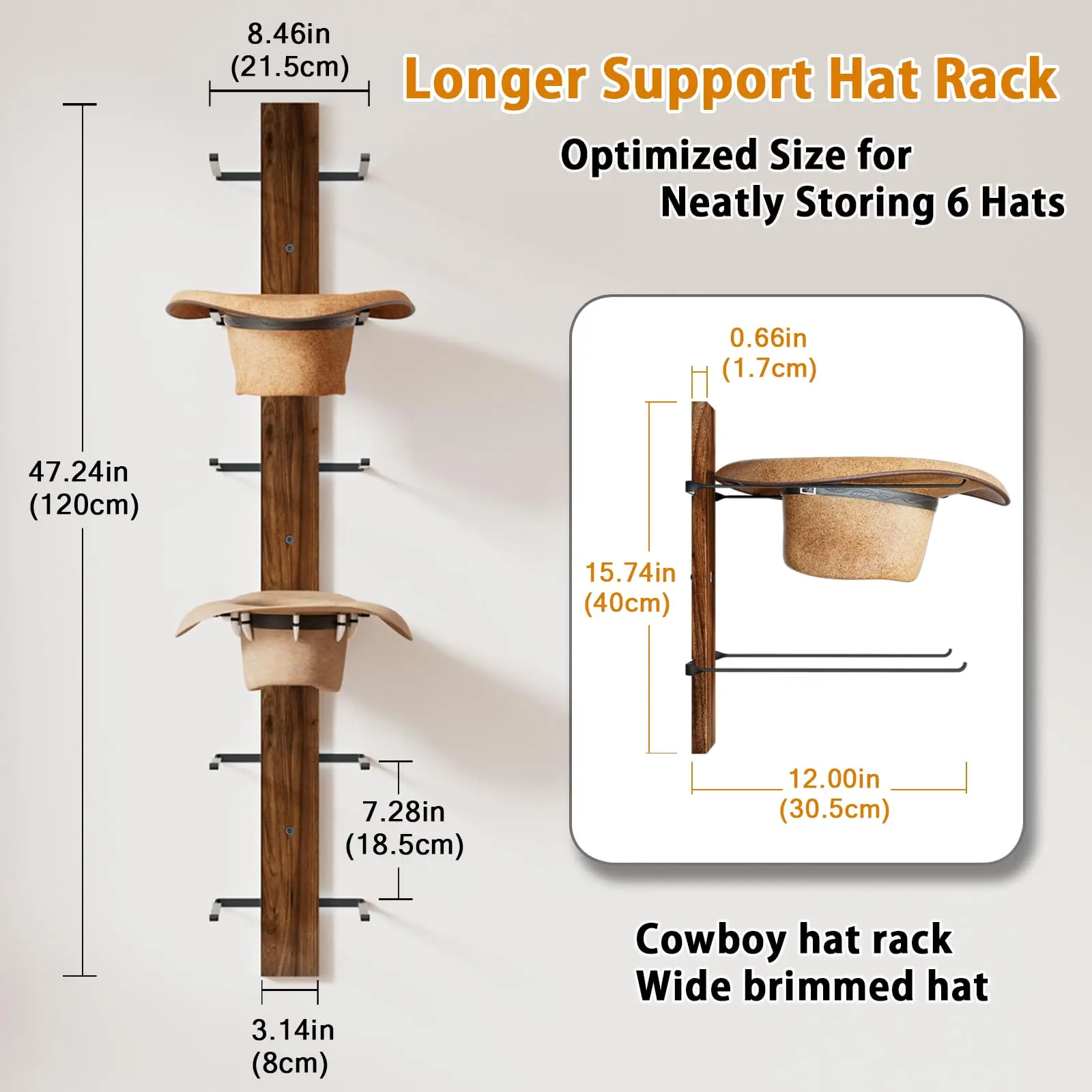 product wall mounted cowboy hat rack 6 tier wooden hat hanger for western hats caps accessories hat holder large brim hat organizer-4
