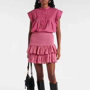 Clothing Manufacturers Custom Spring Summer Autumn High Collar Button Wide Neck  Pleated Cotton Voile Top