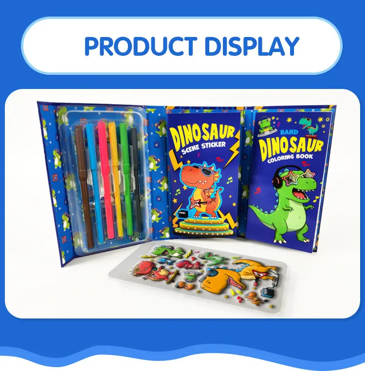 product custom new cognition tri fold dinosaur band creative scene reusable puffy stickers coloring book set for kids student-6