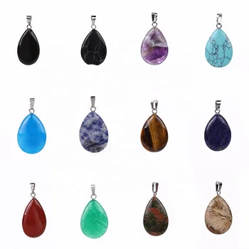 Healing Stone Pendant Necklace,Natural Quartz Crystal Teardrop Pendant,Stainless Steel Buckle Multicolor Water Drop Pendant
