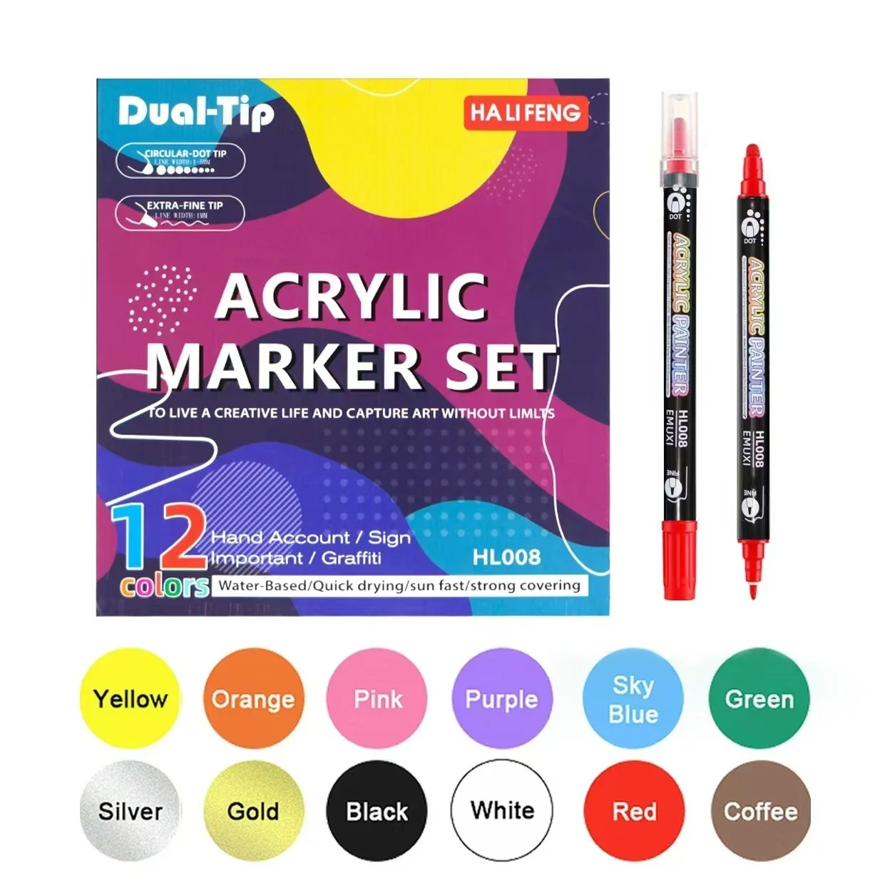 12 to 36 Colors Dual Tip Acrylic Marker Set Double Point Touch Markers Water Based
