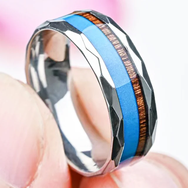 CHENG JEWELERS Wholesales 8MM Faceted Edge Engagement Bands Wood Blue Turquoise Stone Inlay Tungsten Carbide Rings for Men