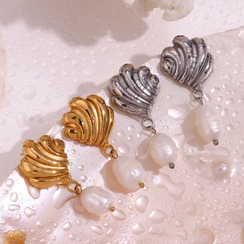 Dropshipping 2024 Fresh Water Pearl Drop Earrings Sea Shell Design Stud Earrings Stainless Steel Jewelry