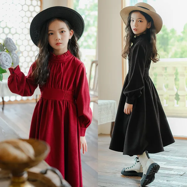 Manufacturer Sale 2024 Autumn Winter Girl Kids Black Red Long Sleeve Dress Middle-aged Tied Waist Mid Length Elegant Dress