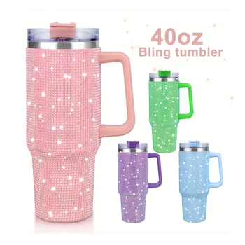 USA Stainless Steel 40oz Bling Rhinestone 40 Oz Tumbler With Handle Rhinestone Tumbler Studded Cow Print Travel Mug Cup Bottle