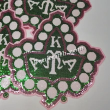 Factory Wholesale Pink and Green Shield Sequins Patch Iron on Sew on Embroidery Patch Sorority Group Design