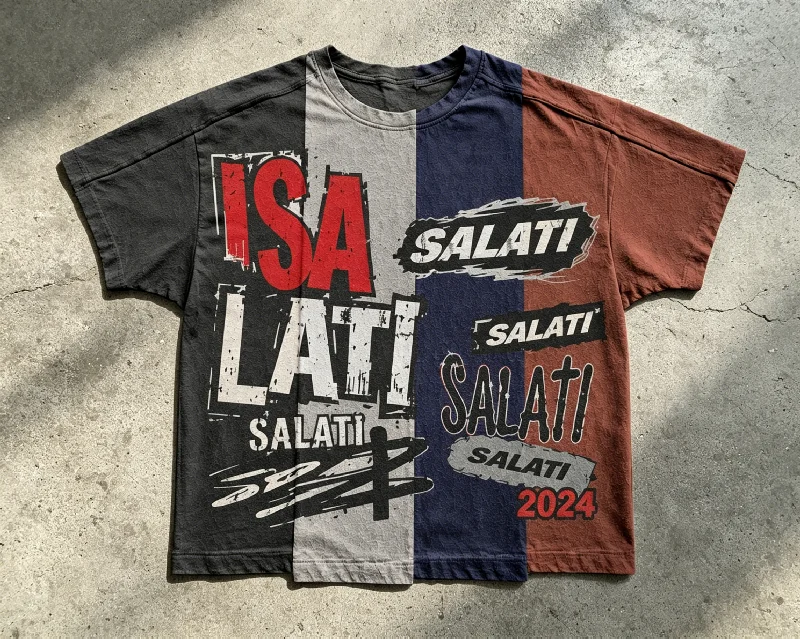 Custom Men's T-shirts Summer Irregular Uneven Hem Multi Spliced Screen Print Faded Distressed Vintage Acid Wash T Shirts gallery 5
