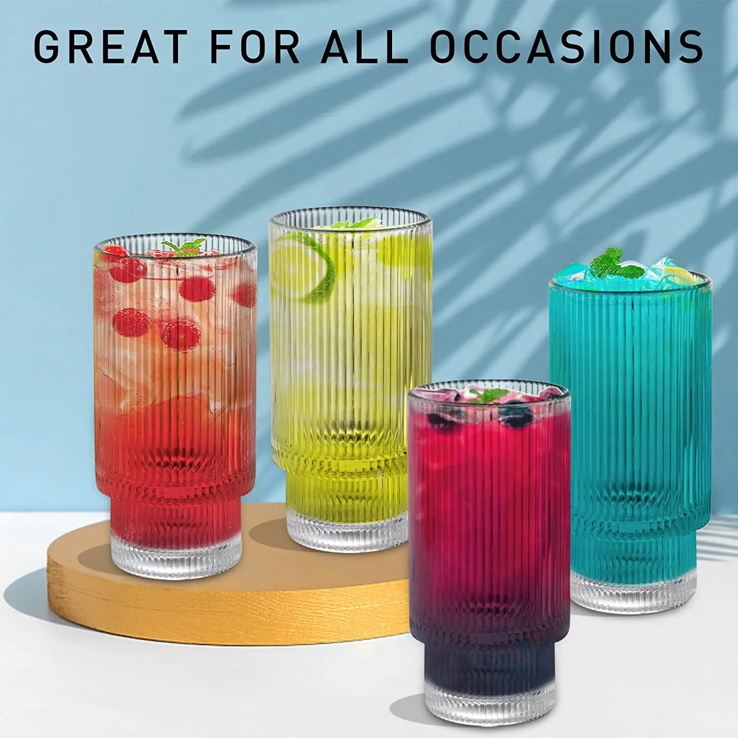 10 Oz Clear Tall Drinking Glasses For Cocktail,Juice,Ribbed Glassware