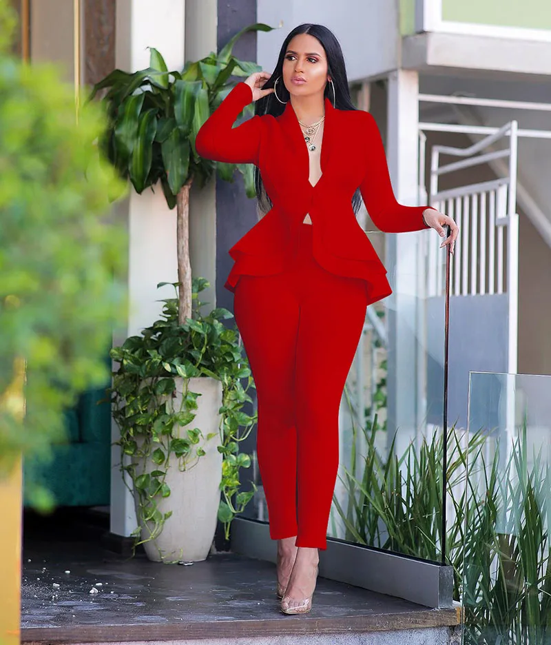 Fall Winter Women Uniform Set Full Sleeve Ruffles Blazers Pencil Pants Suit Two Piece Set Office Lady Outfits
