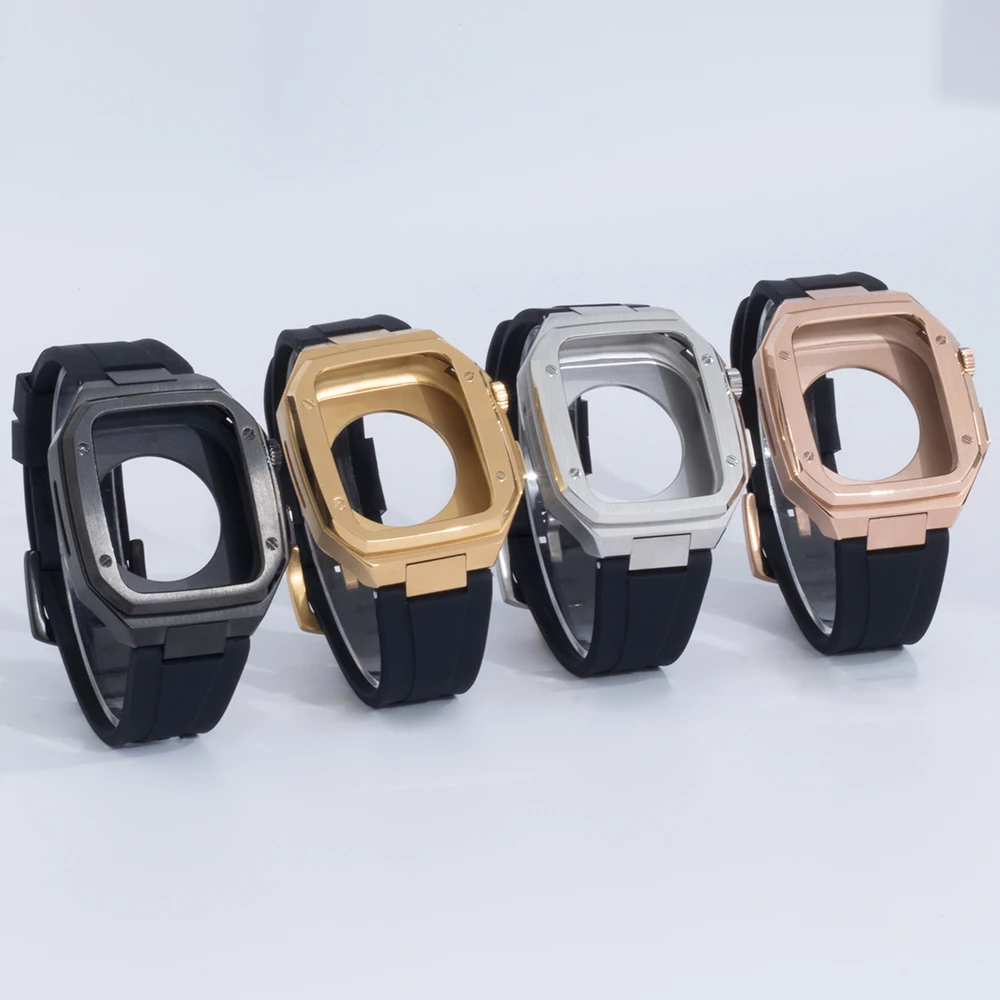 Modification Kit Metal case Watch Strap for Apple Watch Band 44mm Series7 6 45mm Stainless Steel Protective Rubber Watch Straps