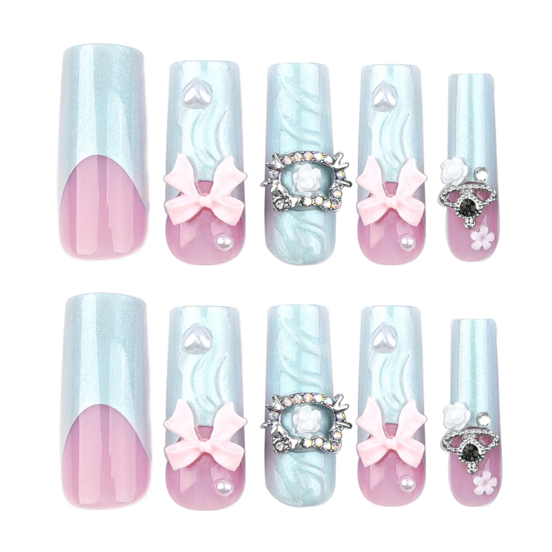 Fake Nails Avec Design 3D Crystal Mix Press on Nails With Diamonds Kawaii Pink Cartoon Resin Nail Art Decoration