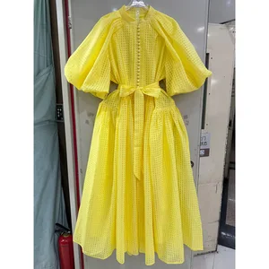 Factory Wholesale Vacation Casual Mini Dress Women Spring Summer Puff Sleeve Luxury Plaid Belt Midi Loose Oversize Party