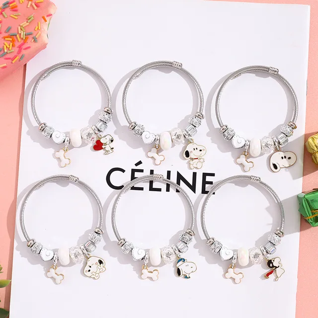 High Quality Silver Plated Stainless Steel Cartoon Dog Charm Bracelet Large Hole Beads Heart Pendant Bracelet for Girls