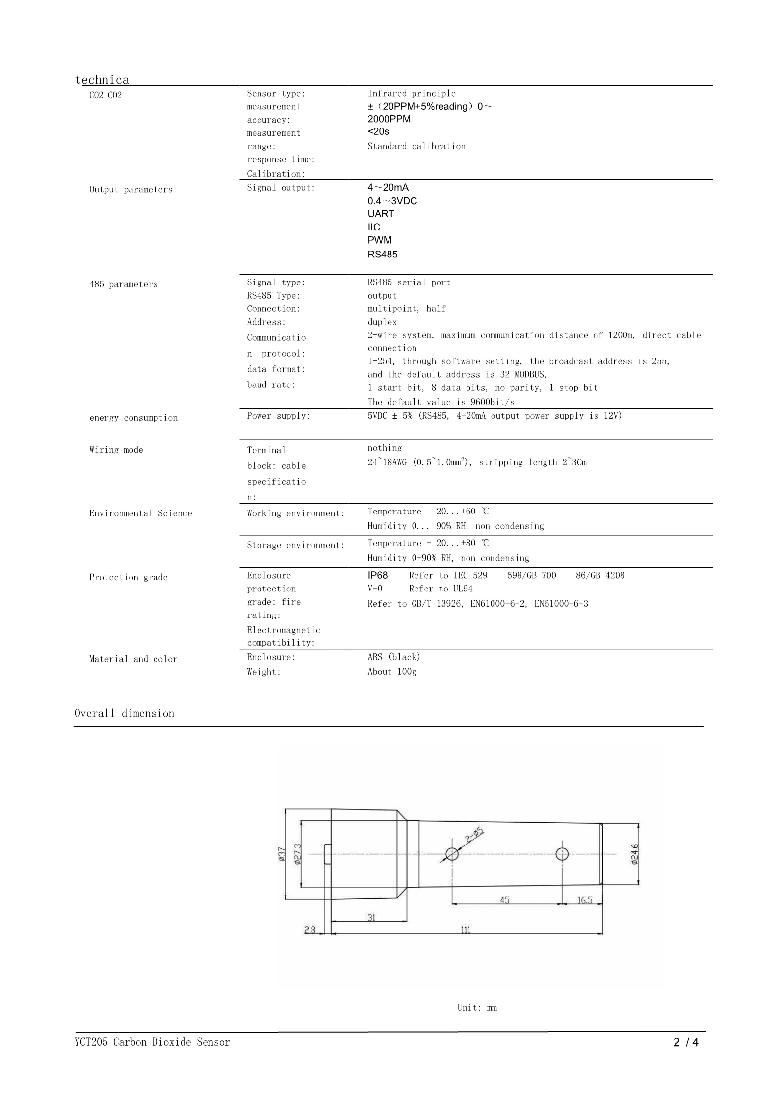 Carbon Dioxide Sensor Yct205,Lightweight Shell,Easy To Install,For