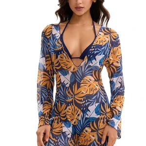 For Ladies Three-Piece Split Conservative Sunscreen Swimsuit Long Sleeve Cross-Border Mesh Europe United Swimwear Print Print