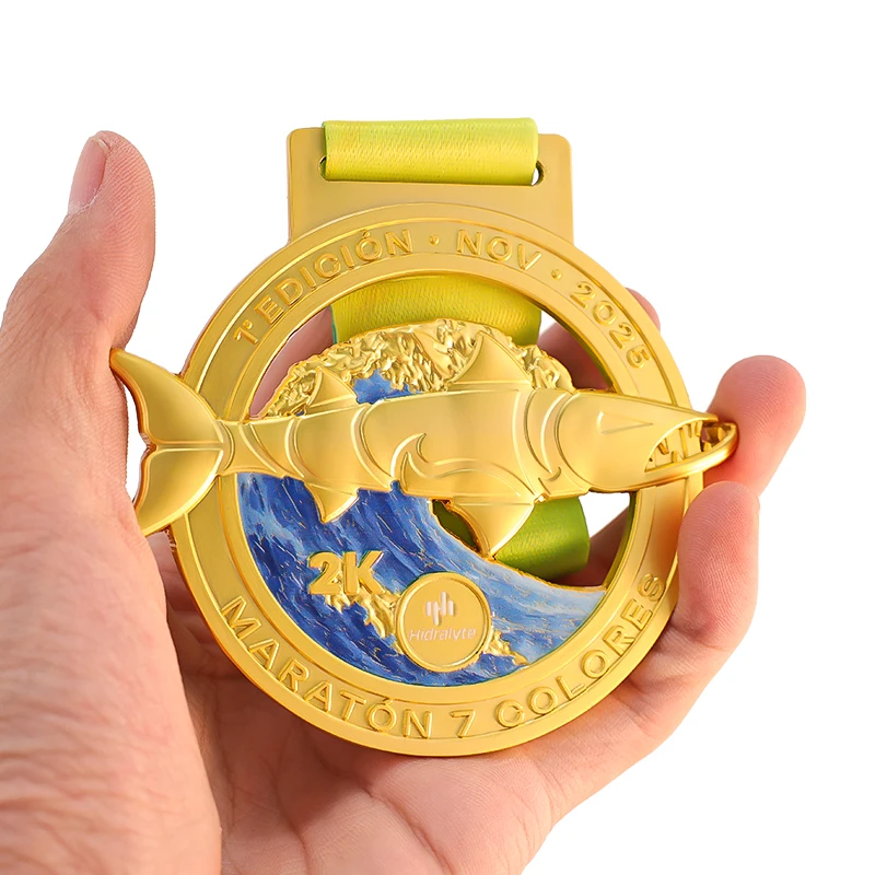Custom Personalized High Quality Gold Plated 3D Metal Zinc Alloy Sports Medal for 2km Finish of Rainbow Marathon Commemoration
