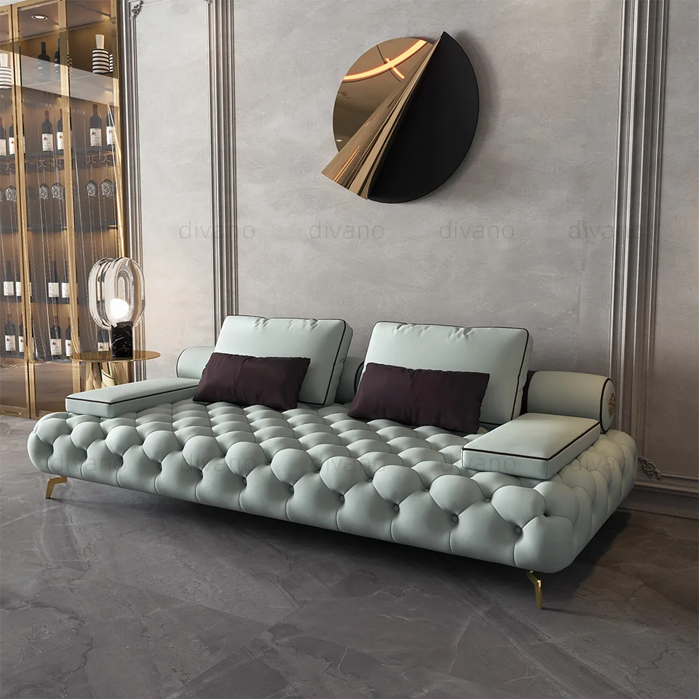 Leather Button Sofa 3 Seater Leather Set Genuine Light Blue Luxury Chesterfield Premium Sofa Set Furniture Living Room