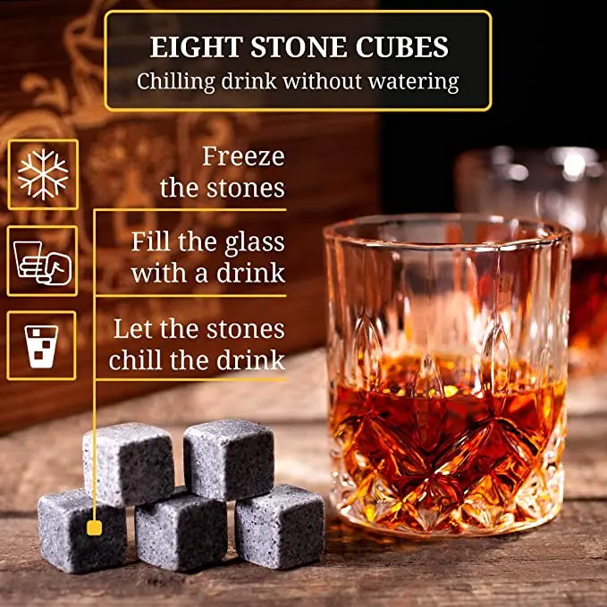 Coffret Cadeau Pierres à Whisky + 2 Verres – 8 Pierres Granit Réutilisables, Boîte Bois Élégante, Idée Cadeau Homme Papa Noël