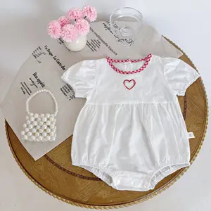 New Born Baby Girl Summer Cotton Jumpsuit O-Neck Solid Heart Pattern Casual Short-Sleeved Baby Romper