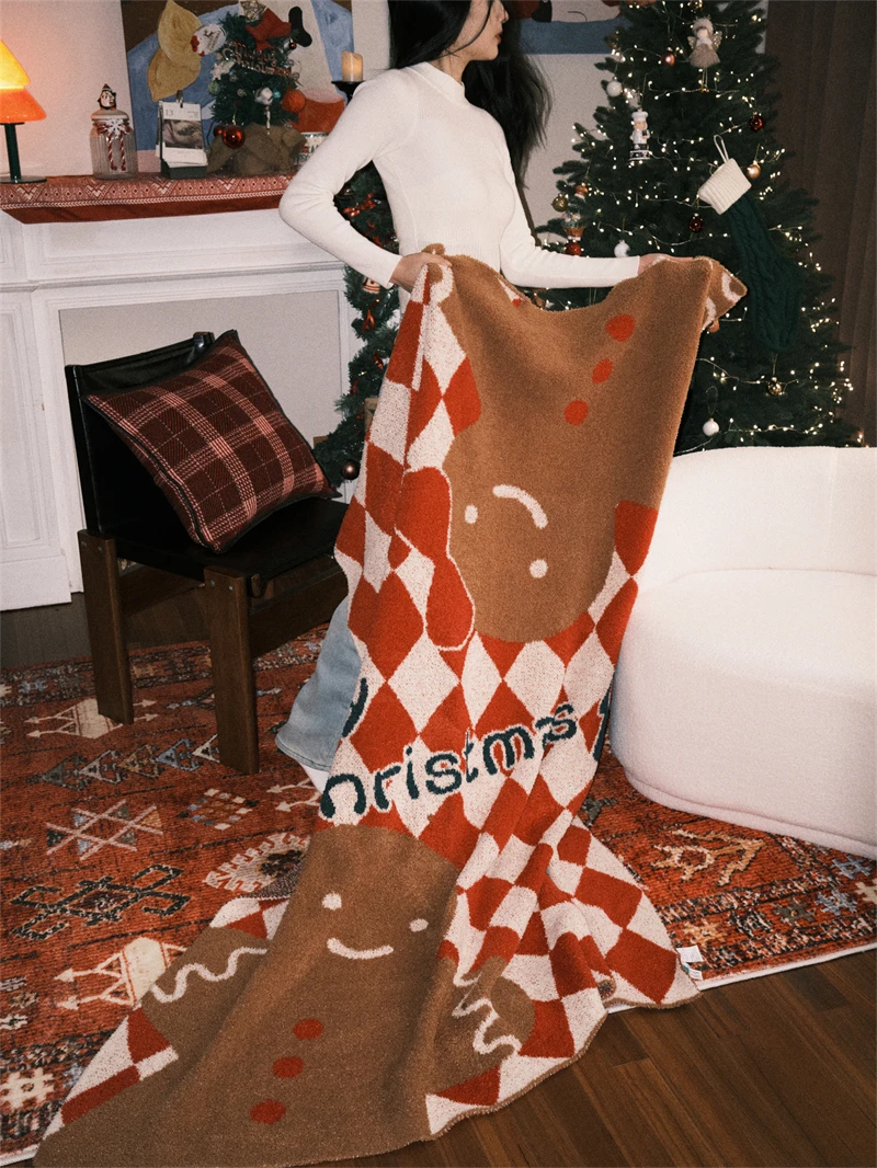 Christmas Gingerbread Man checker  100% microfiber yarn double side super cozy knit blanket manufacture