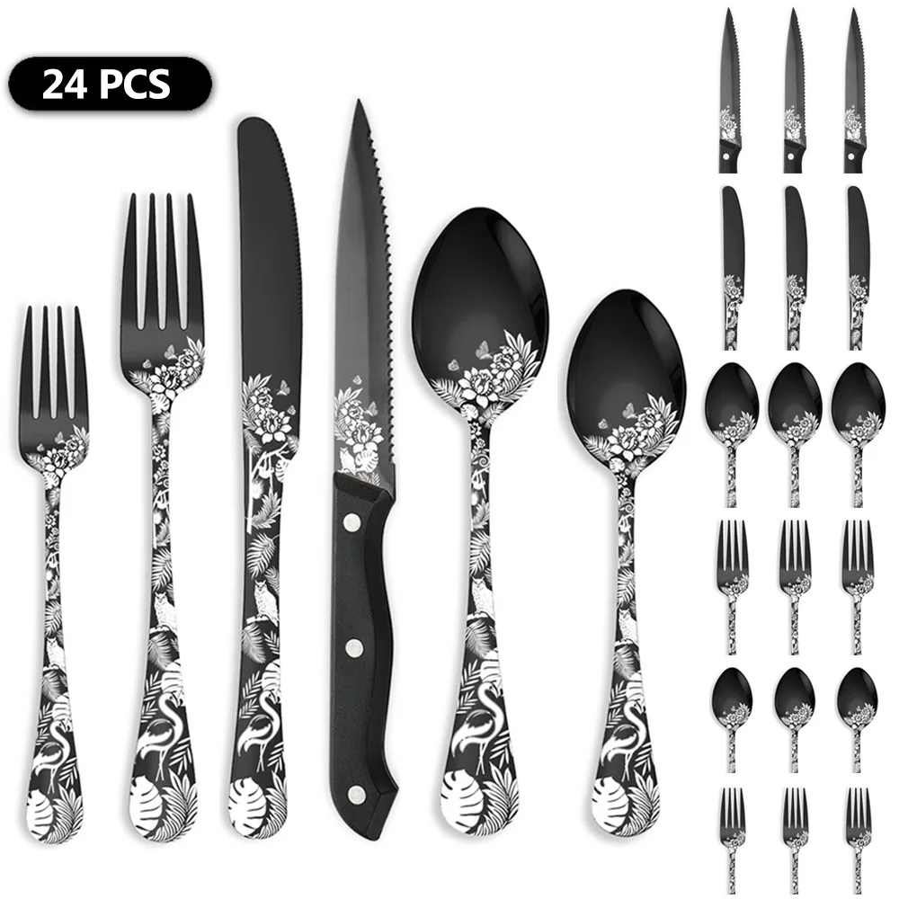 Hot Selling Pattern Handle Wedding Cutlery Set Stainless Steel Steak Knife Dessert Fork Spoon 24Pcs Gold Cutlery Set