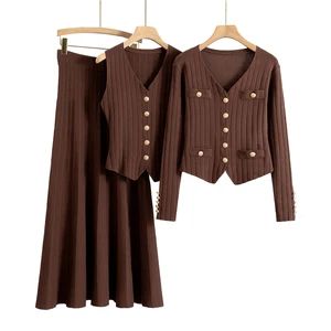 Spring Autumn Solid Color Cardigan Knit Set Casual Knit Cardigan and Vest and Skirt Set Knitted Two Piece Set for Women